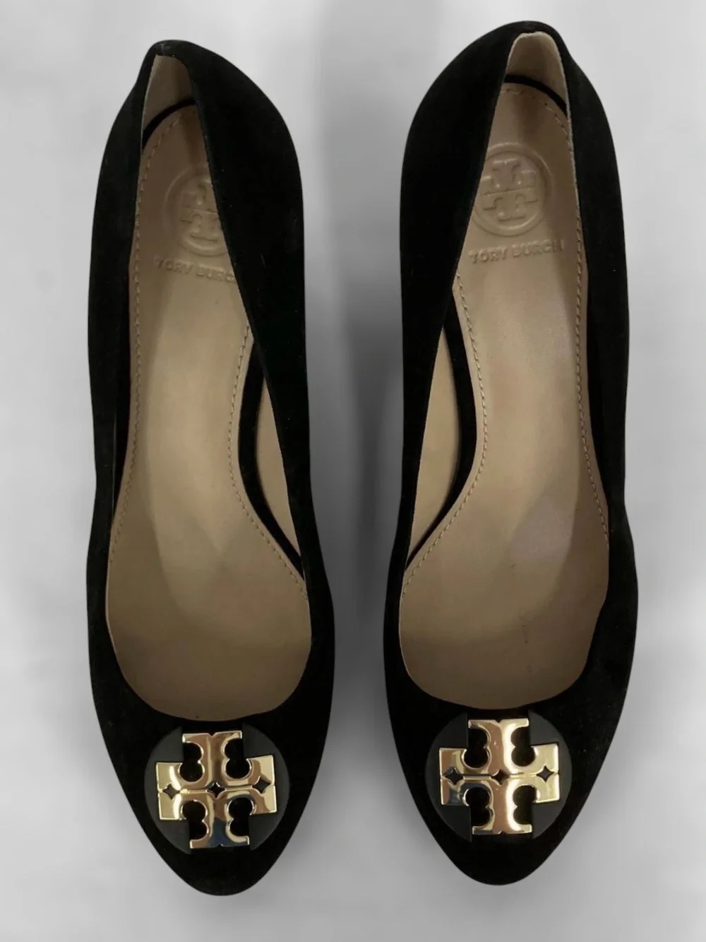 Tory Burch Black Suede wedges with Gold Logo Medallion